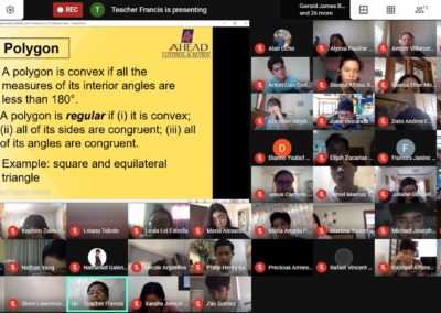A teacher conducting an online review about algebra. The teacher is shown on the screen, engaged in a lecture while sharing slides .Most Students' faces can be seen in smaller video thumbnails, actively listening and participating.